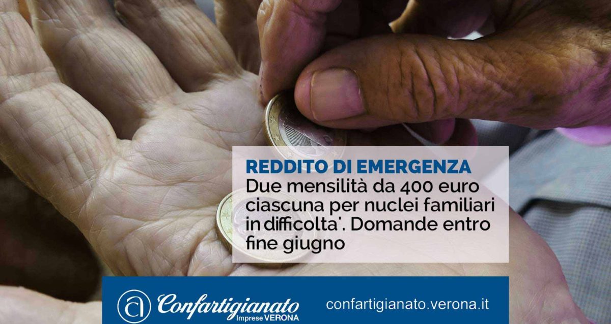 COVID-19 – Reddito di emergenza: due mensilità da 400 euro ciascuna per nuclei familiari in difficolta'. Domande entro fine giugno