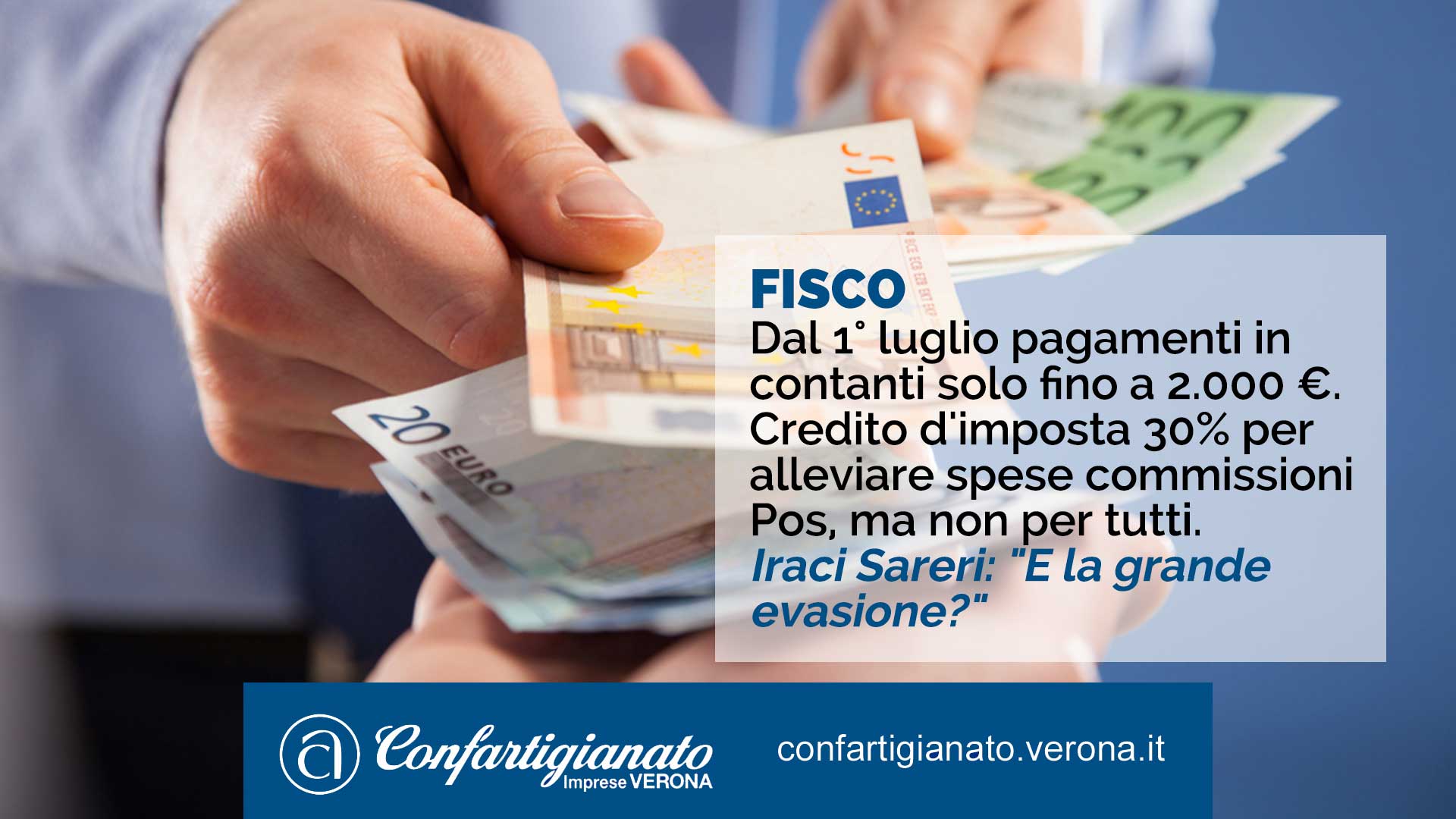 FISCO – Da luglio pagamenti in contatti solo fino a 2.000 euro. Credito d'imposta 30% per alleviare spese commissioni Pos. Iraci Sareri: "E la grande evasione?"
