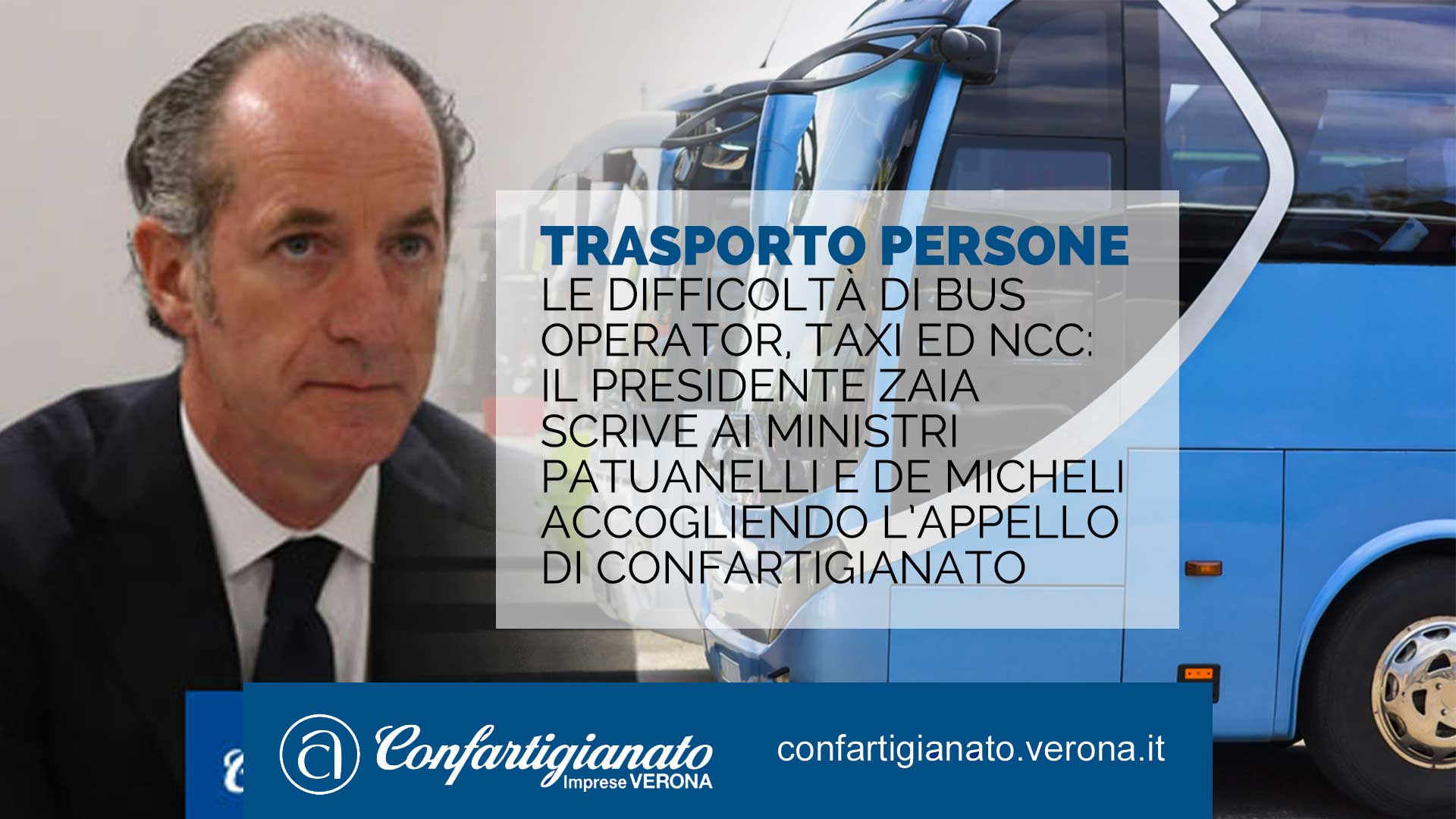 TRASPORTO PERSONE – Le difficoltà di Bus Operator, Taxi ed Ncc: il Presidente Zaia scrive ai Ministri Patuanelli e De Micheli accogliendo l’appello di Confartigianato