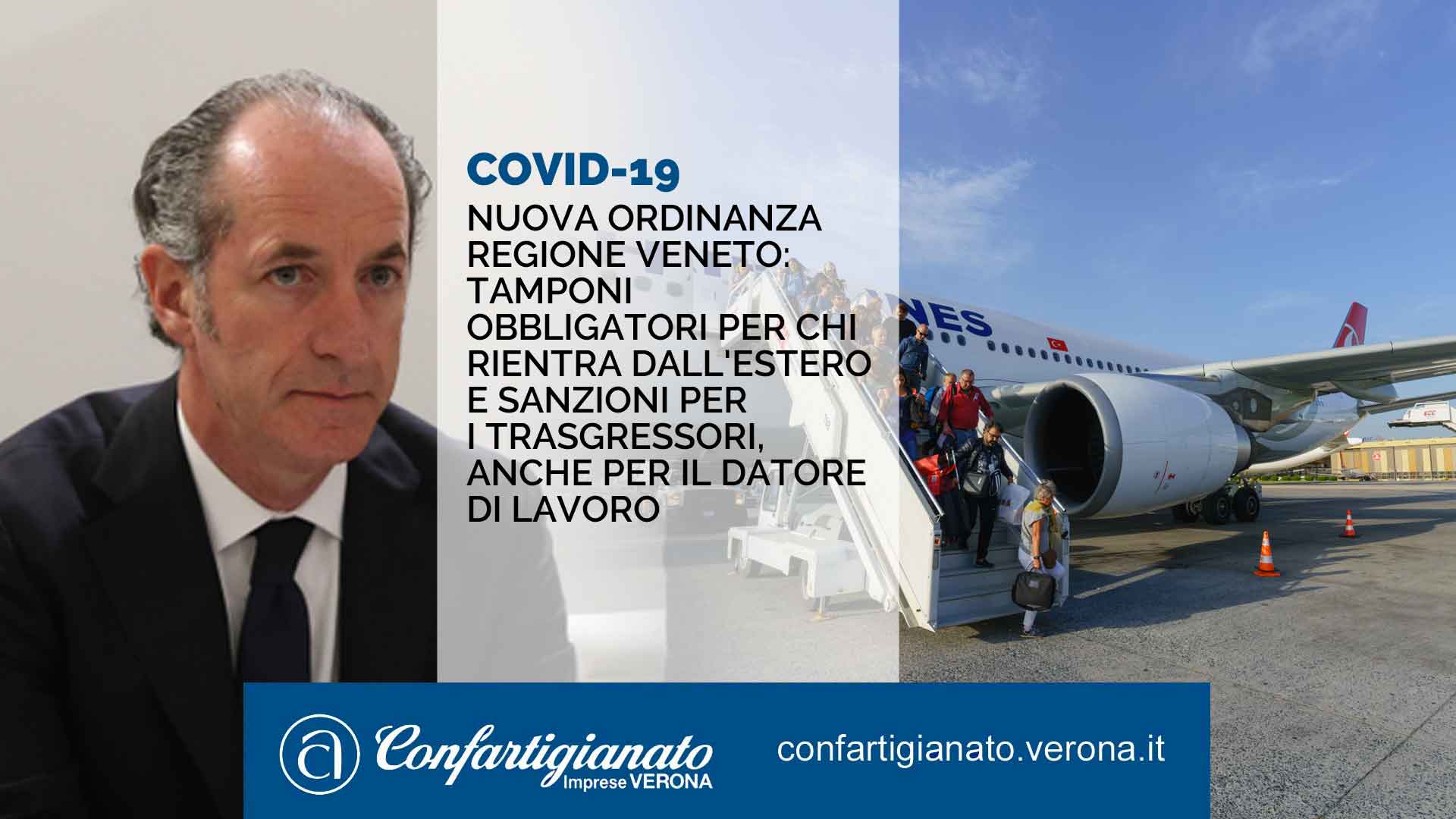 COVID-19 – Nuova ordinanza Regione Veneto: tamponi obbligatori per chi rientra dall'estero e sanzioni per chi non ottempera, anche per il datore di lavoro