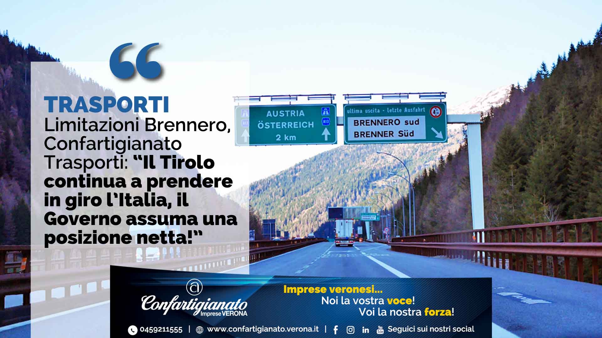 TRASPORTI – Limitazioni Brennero, Confartigianato Trasporti: “Il Tirolo continua a prendere in giro l’Italia, il Governo Conte assuma posizione netta”