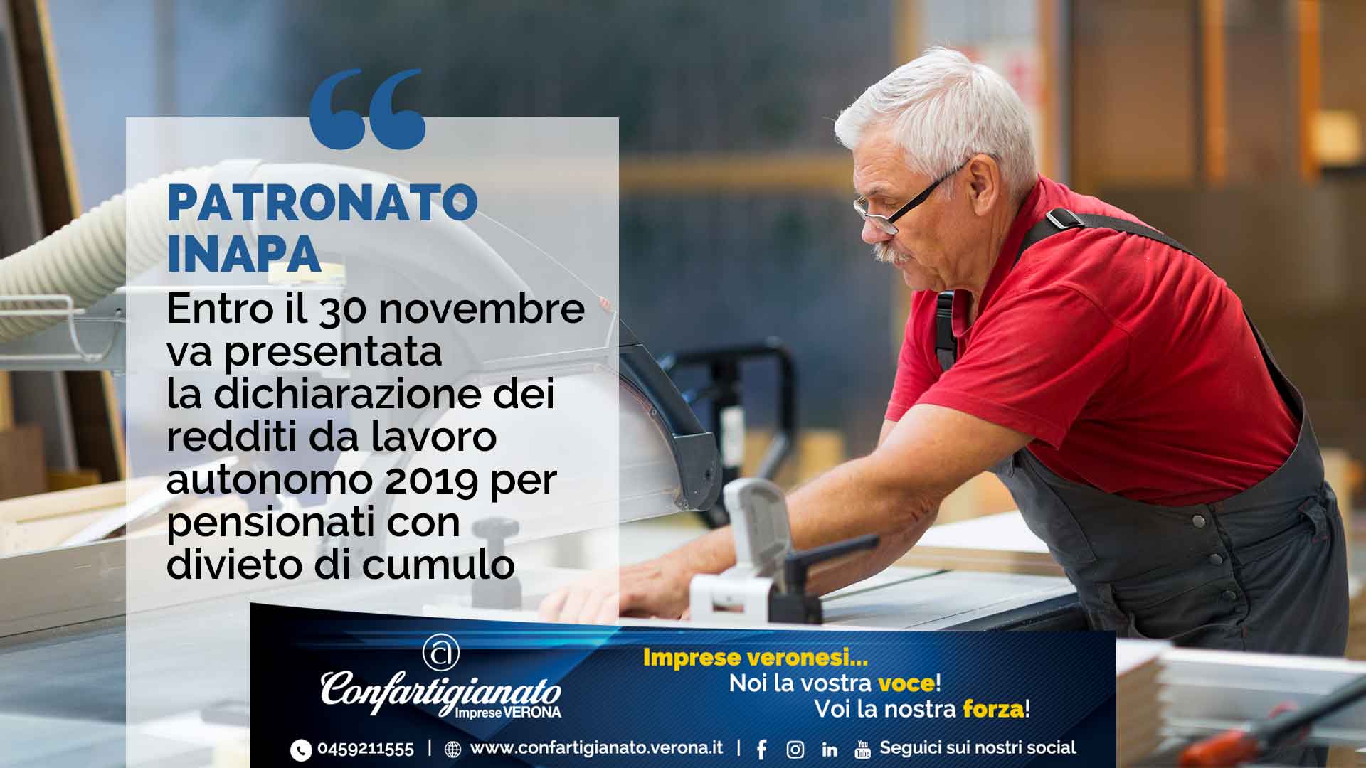 PATRONATO INAPA – Entro il 30 novembre va presentata la dichiarazione redditi da lavoro autonomo 2019 per pensionati con divieto di cumulo