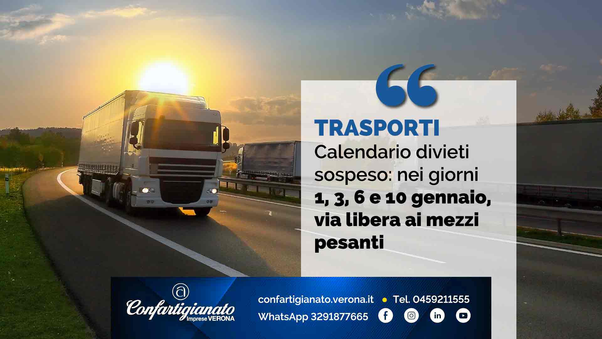 TRASPORTI – Calendario divieti sospeso: nei giorni 1, 3, 6 e 10 gennaio, via libera ai mezzi pesanti