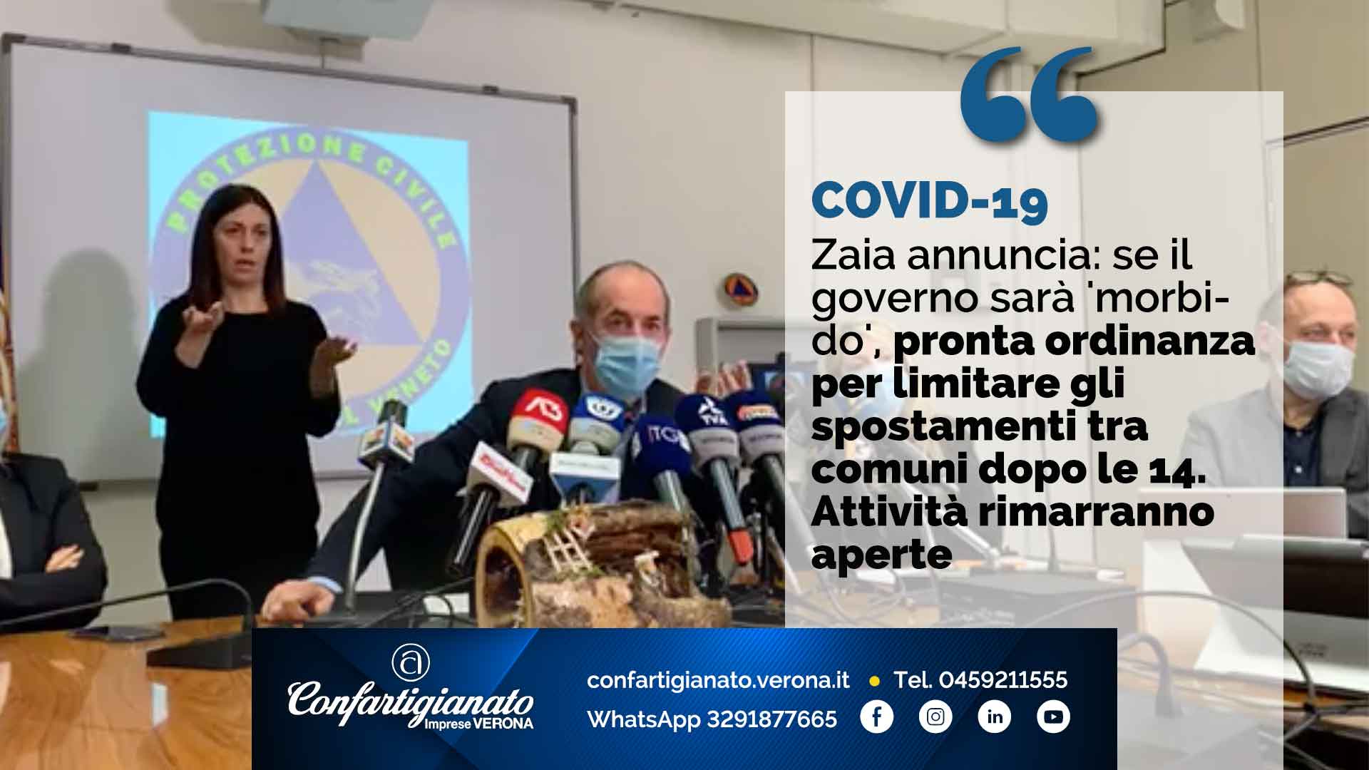 COVID-19 – Zaia annuncia: se il governo sarà 'morbido', pronta ordinanza per limitare spostamenti tra comuni dopo le 14. Attività rimarranno aperte