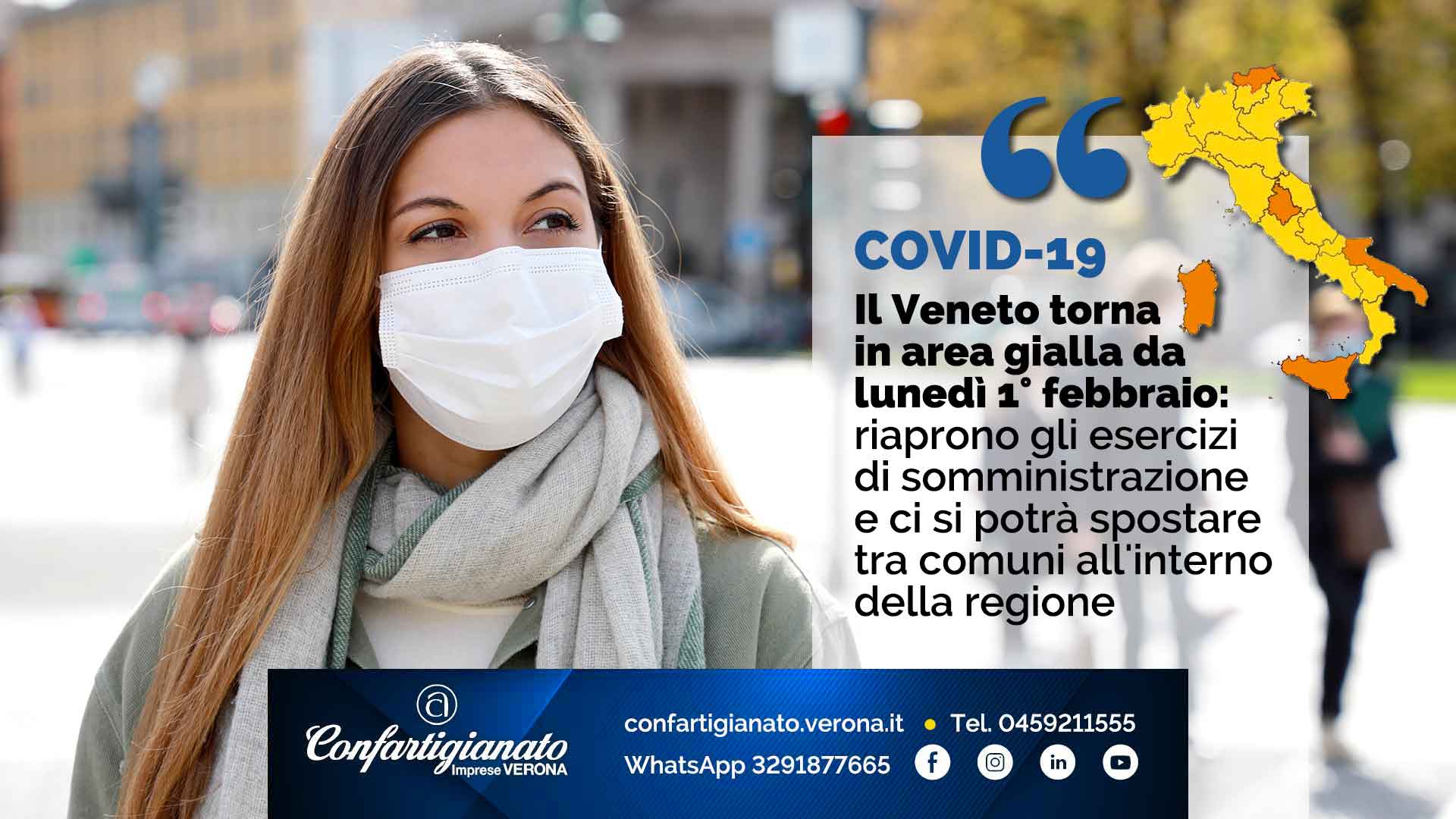 COVID-19 – Il Veneto torna in area gialla da lunedì 1° febbraio: riaprono gli esercizi di somministrazione e ci si potrà spostare tra comuni all'interno della regione