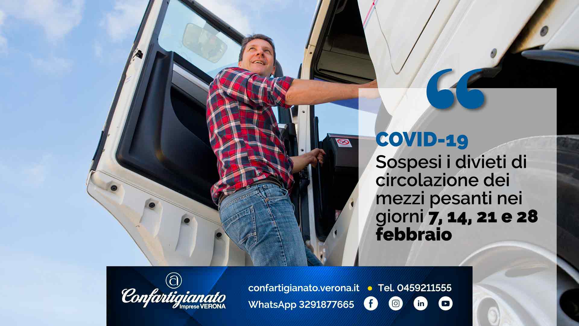 COVID-19 – Sospesi i divieti di circolazione dei mezzi pesanti nei giorni 7, 14, 21 e 28 febbraio