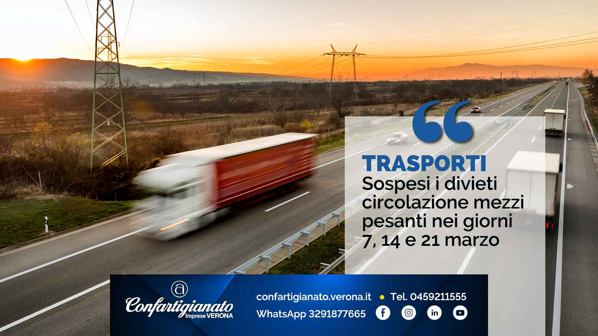 TRASPORTI – Sospesi divieti circolazione mezzi pesanti nei giorni 7, 14 e 21 marzo