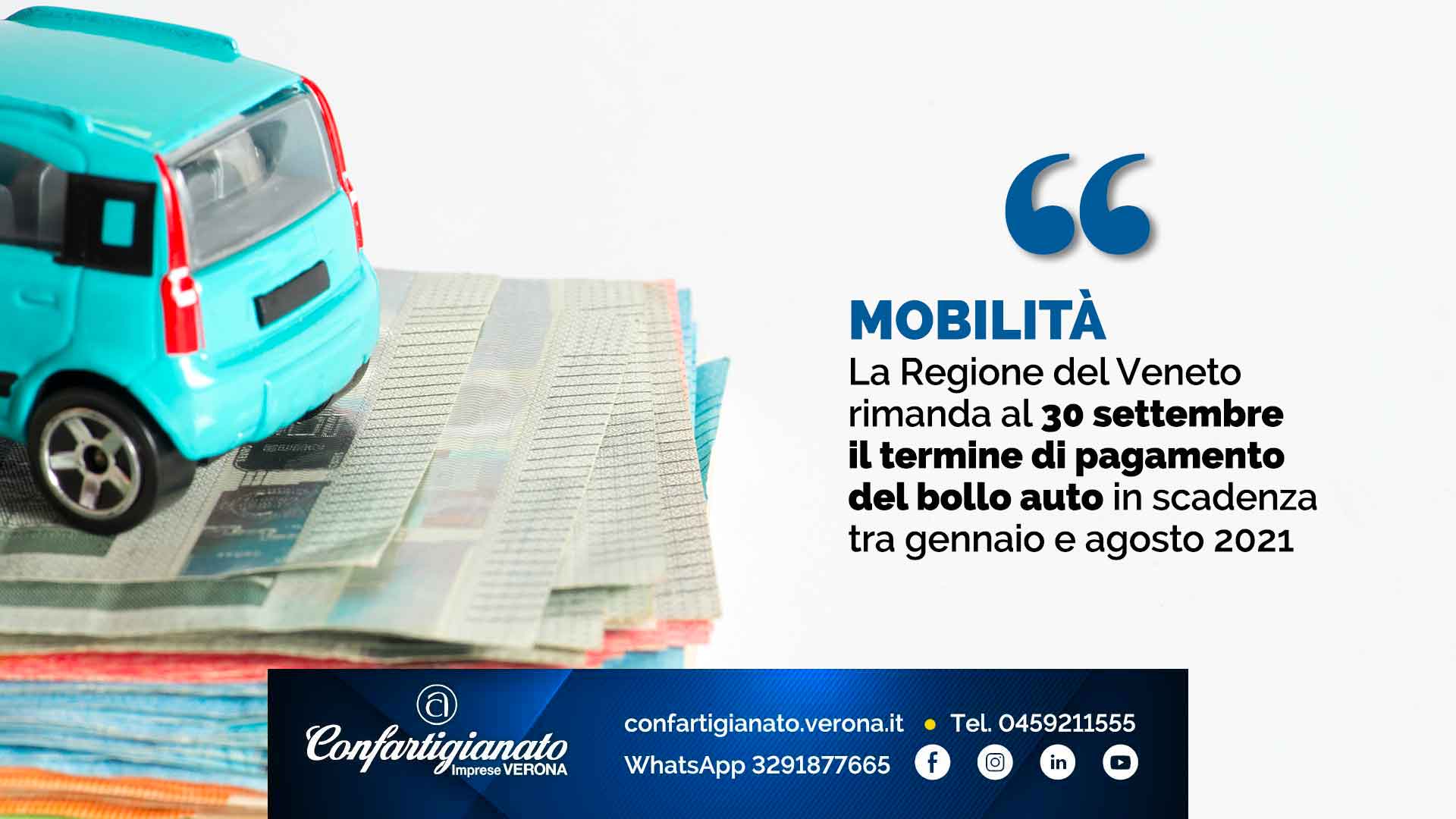 MOBILITA' – La Regione del Veneto rimanda al 30 settembre il termine di pagamento del bollo auto in scadenza tra gennaio e agosto 2021