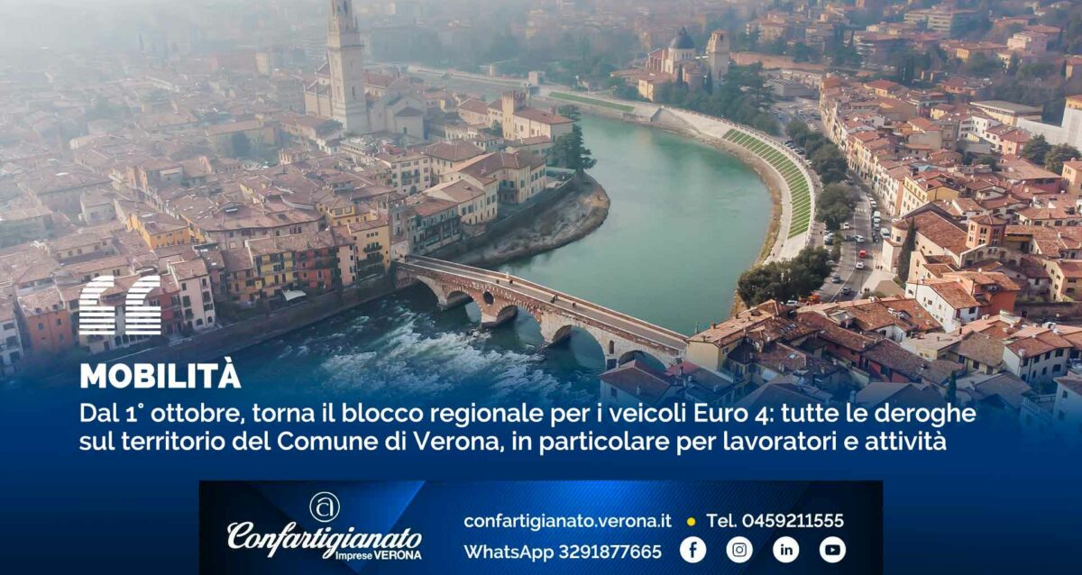 MOBILITA' – Dal 1° ottobre, blocco regionale veicoli Euro 4: tutte le deroghe sul territorio del Comune di Verona, in particolare per lavoratori e attività