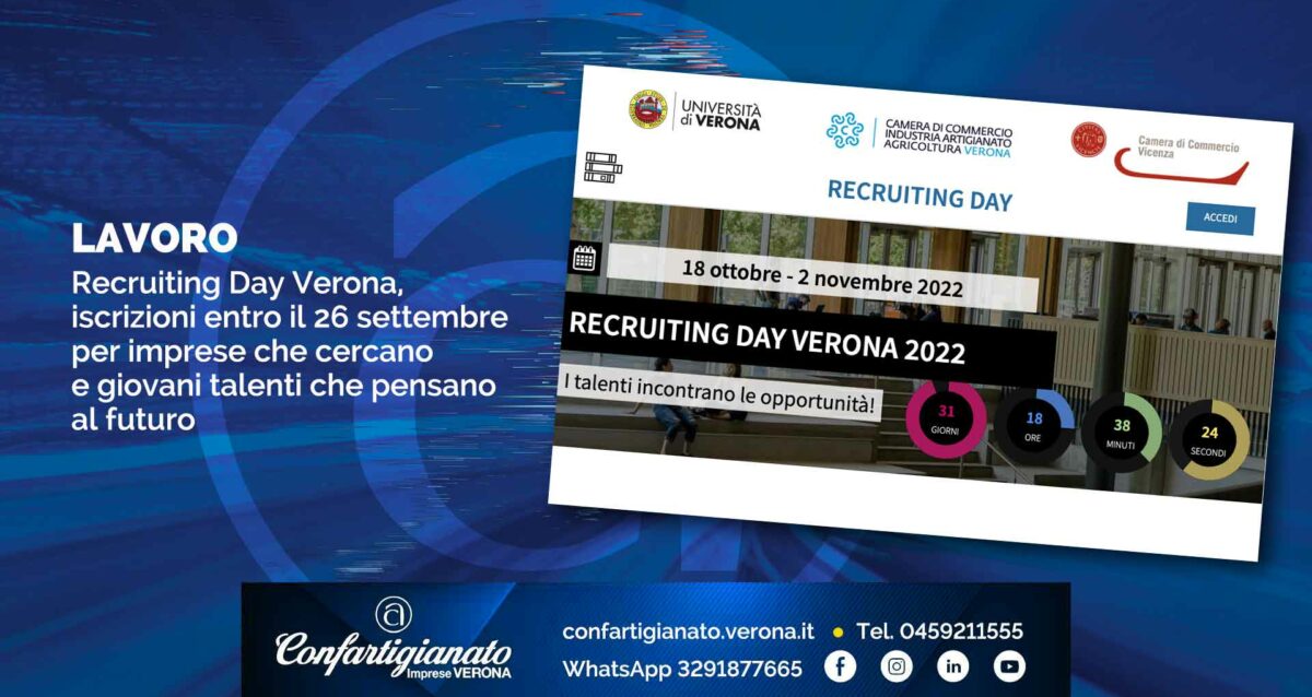 LAVORO – Recruiting Day Verona, iscrizioni entro il 26 settembre per imprese che cercano e giovani talenti che pensano al futuro