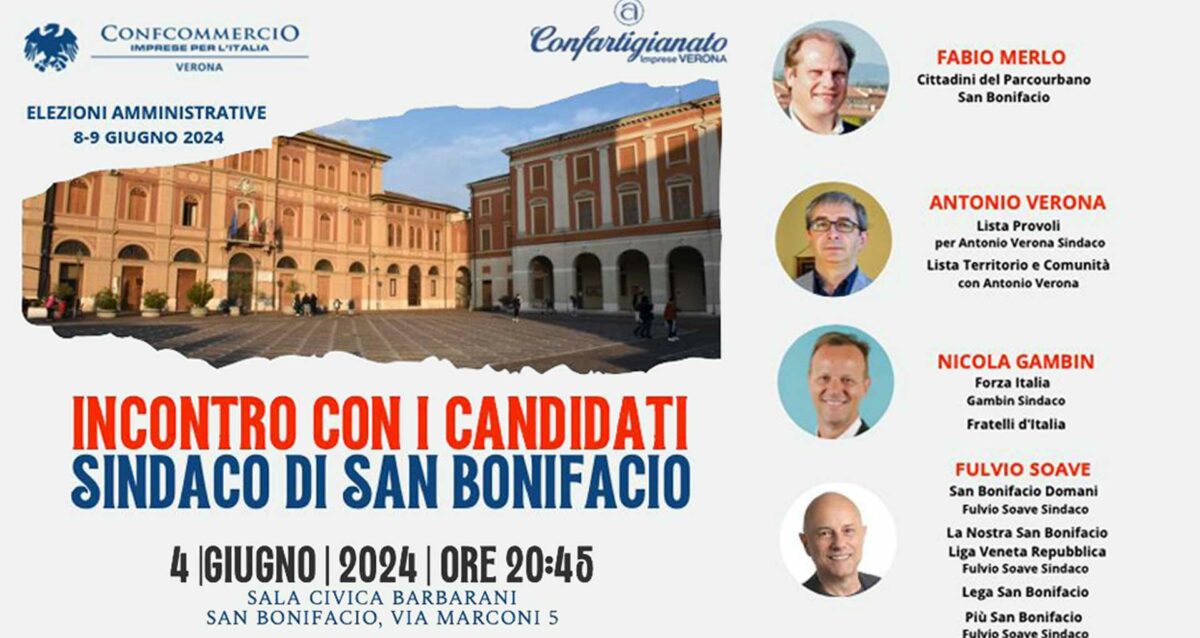 SAN BONIFACIO – Incontro con i candidati sindaco del Comune di San Bonifacio: martedì 4 giugno in Sala Barbarani