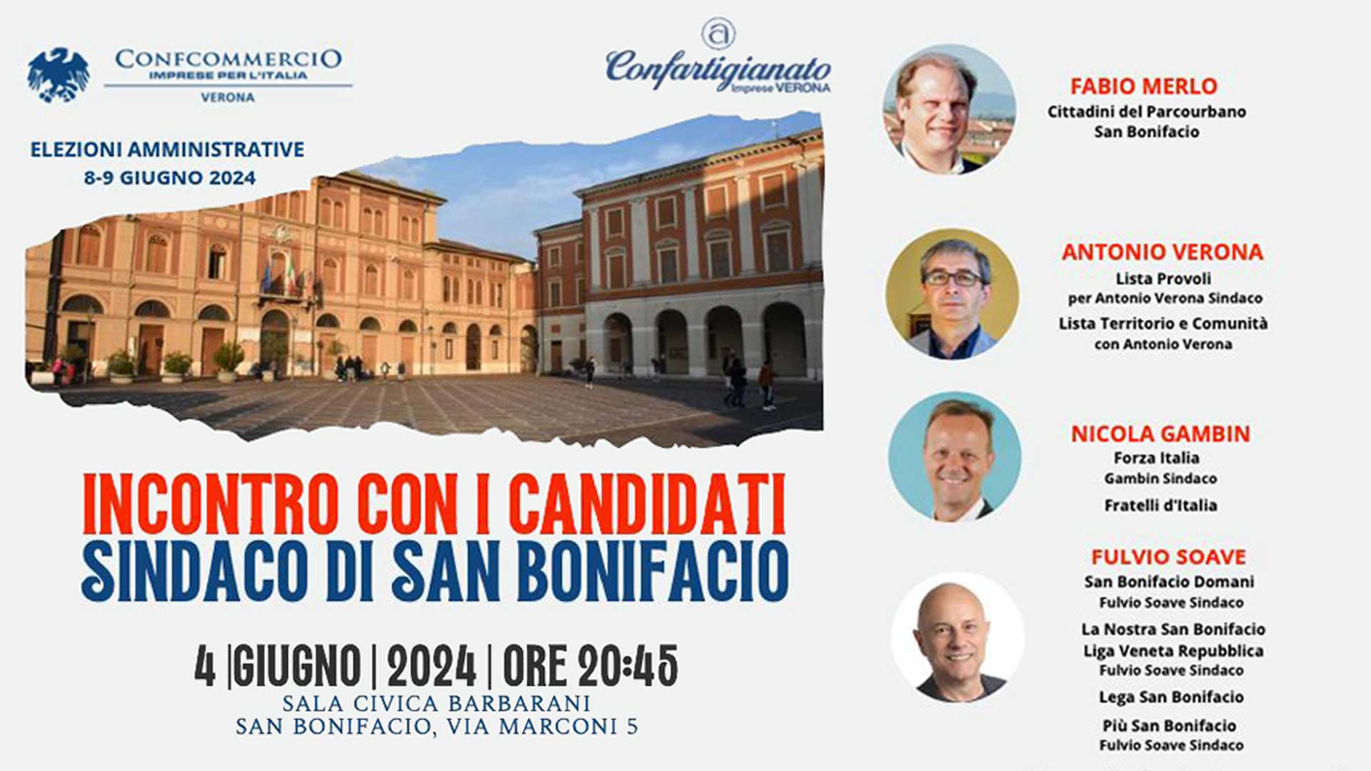 SAN BONIFACIO – Incontro con i candidati sindaco del Comune di San Bonifacio: martedì 4 giugno in Sala Barbarani