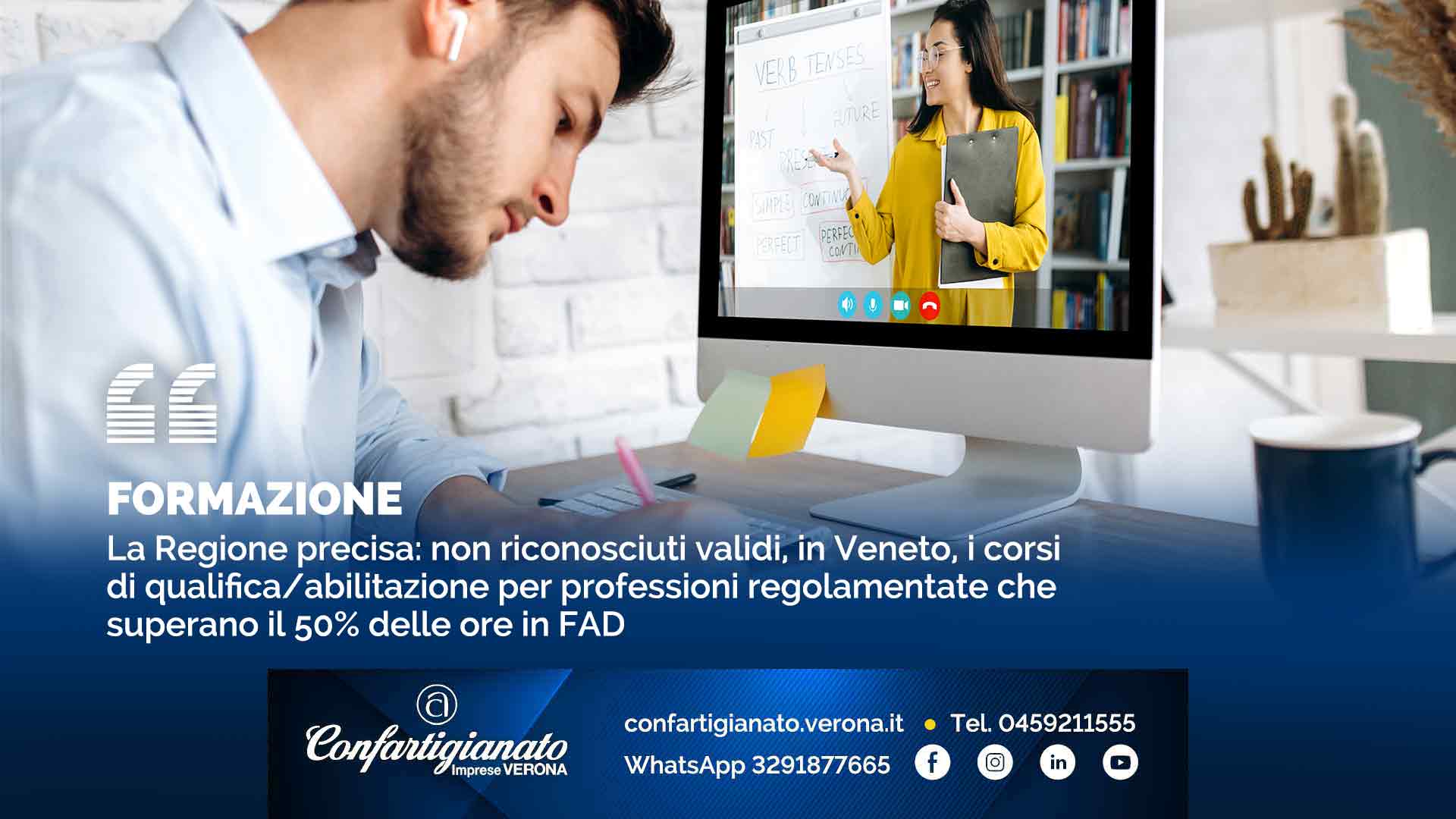 La Regione precisa: non riconosciuti validi, in Veneto, i corsi di qualifica/abilitazione per professioni regolamentate che superano il 50% delle ore in FAD