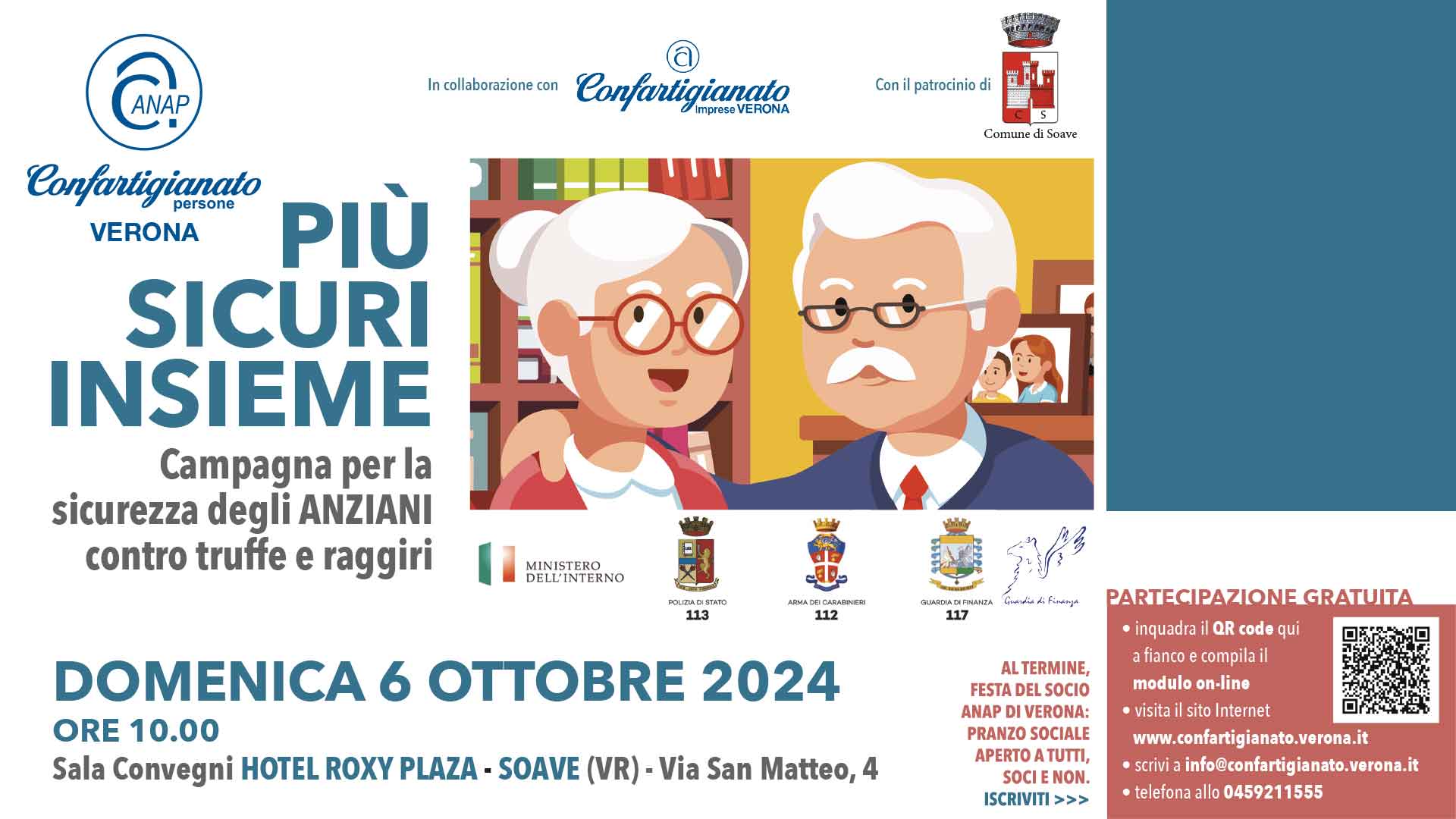 ANAP – "Più Sicuri Insieme": il 6 ottobre, a Soave, tappa veronese della campagna nazionale per la sicurezza degli anziani contro le truffe. A seguire il pranzo sociale. Iscriviti per partecipare