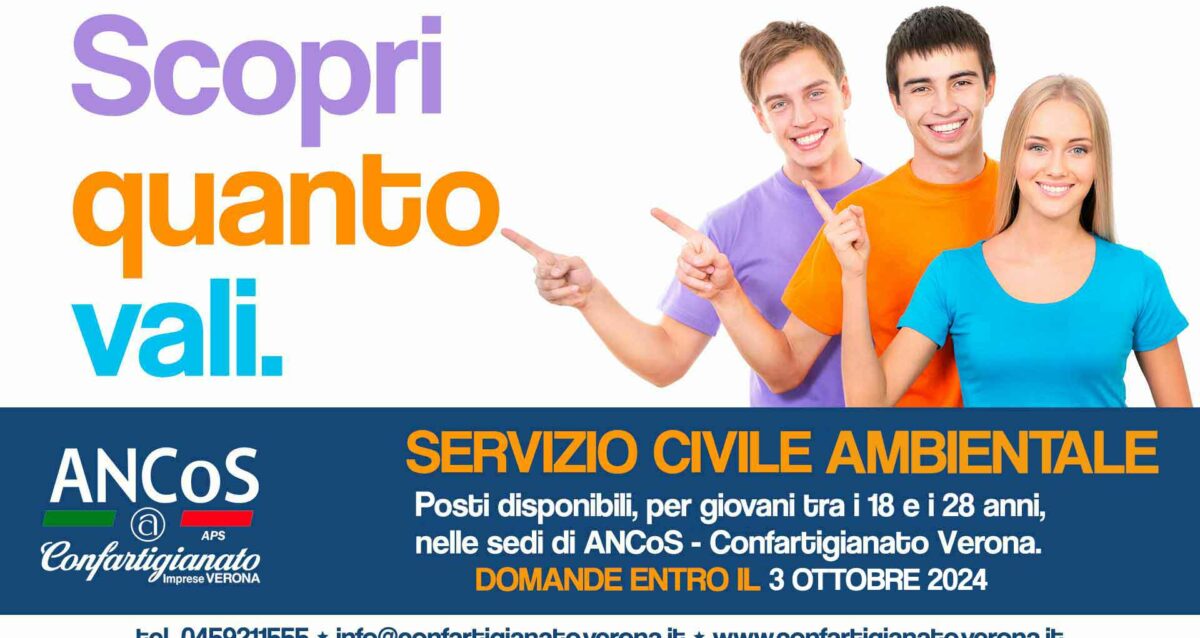 SERVIZIO CIVILE AMBIENTALE – Prorogato al 3 ottobre il termine per la presentazione delle domande da parte di giovani che opereranno nelle sedi di ANCoS – Confartigianato Verona