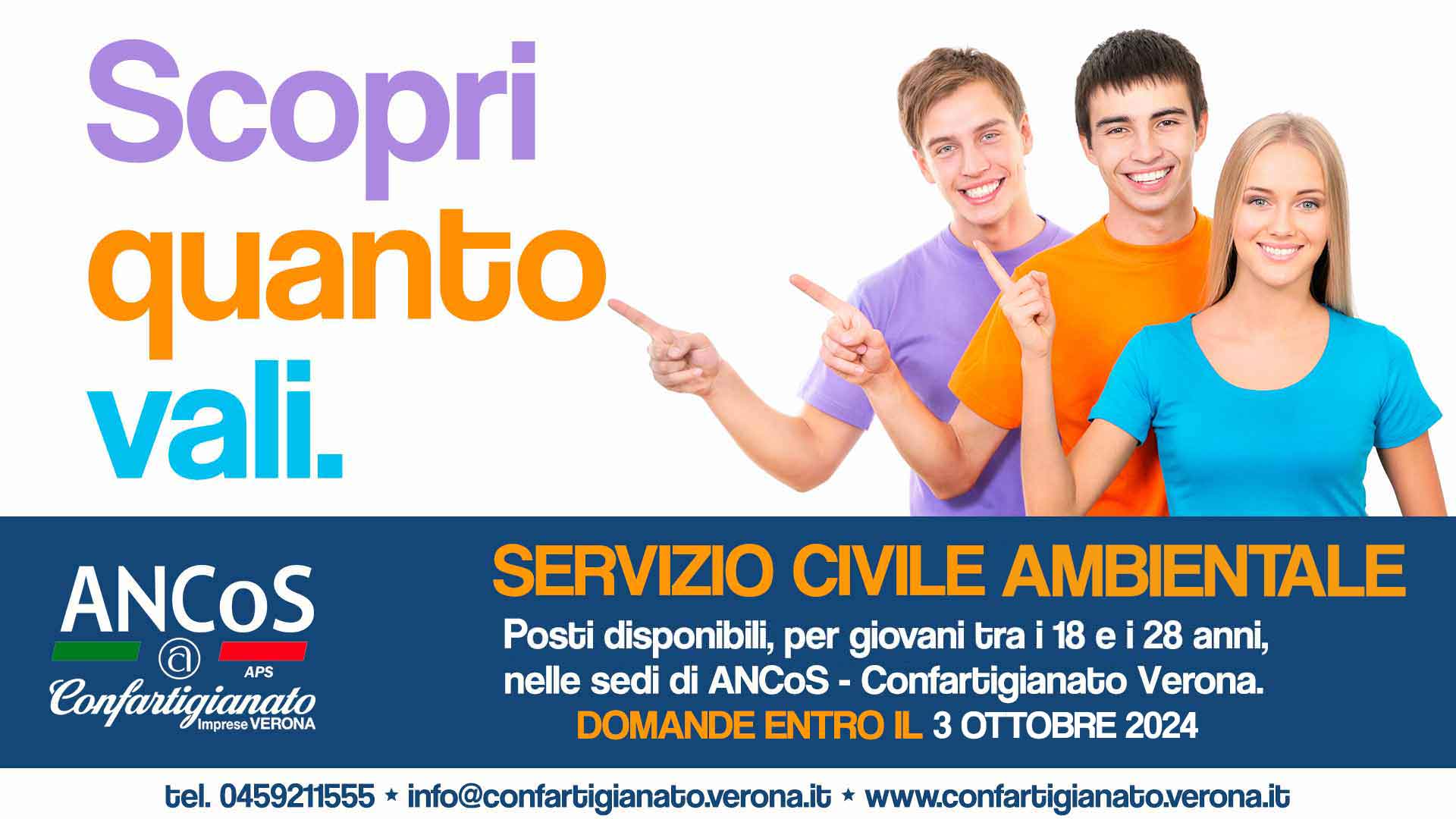 SERVIZIO CIVILE AMBIENTALE – Prorogato al 3 ottobre il termine per la presentazione delle domande da parte di giovani che opereranno nelle sedi di ANCoS – Confartigianato Verona