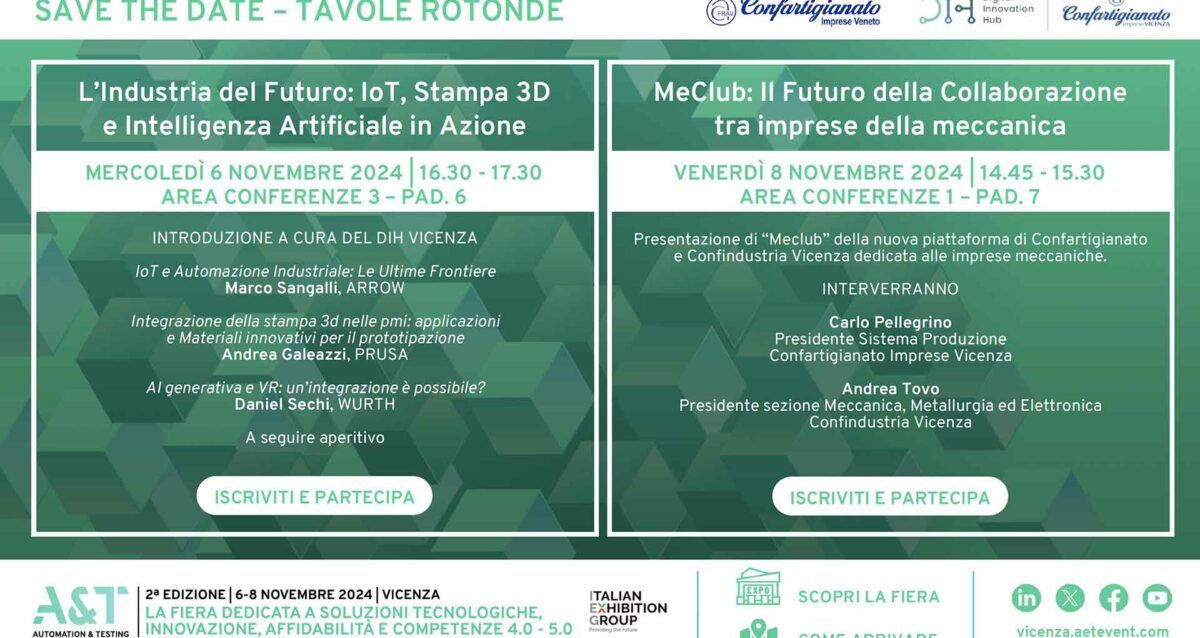 MECCANICA • PRODUZIONE • IMPIANTI – Fiera A&T Automation & Testing (6-8 novembre, Vicenza): due convegni con Confartigianato. Iscriviti e partecipa