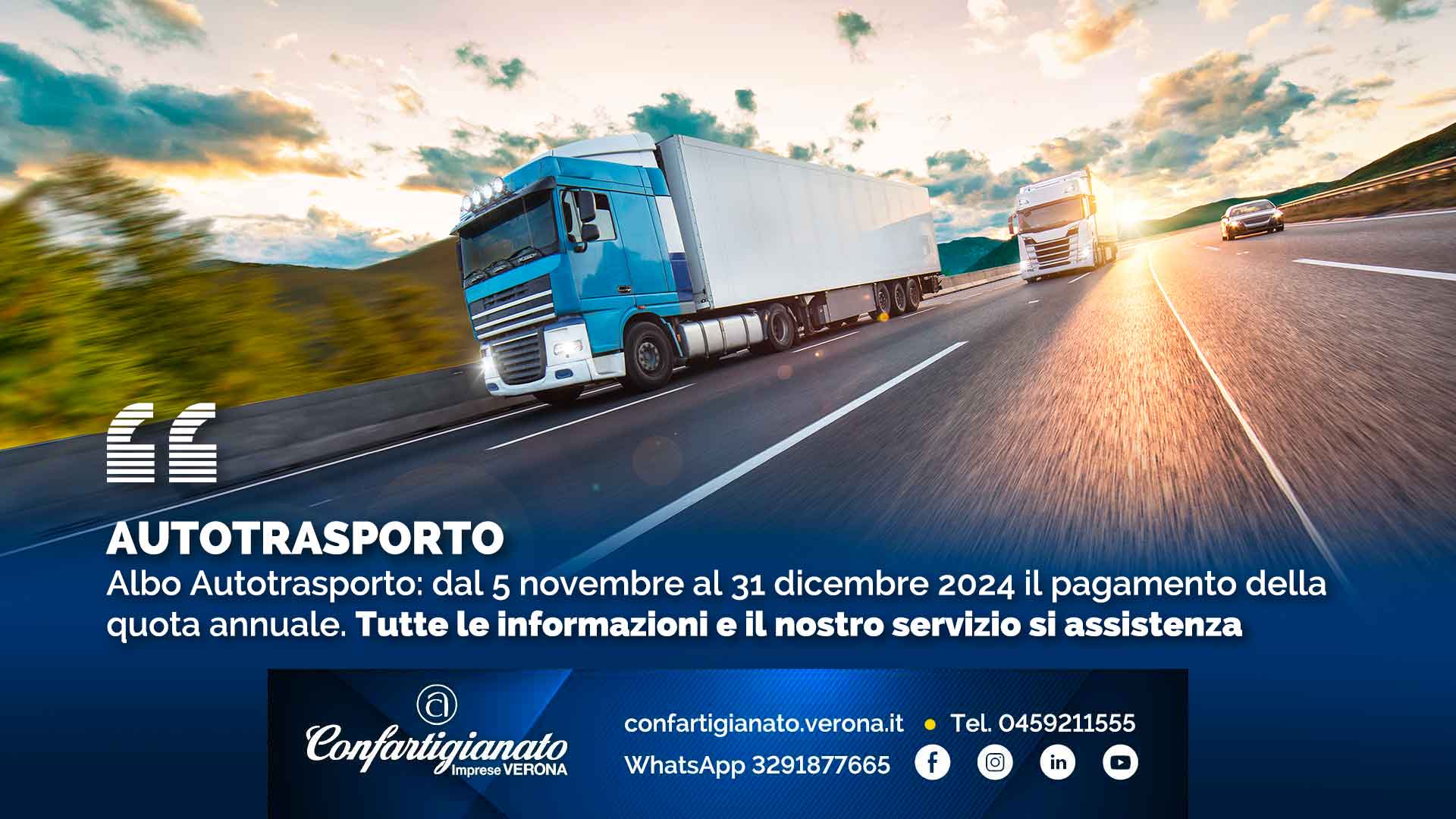 AUTOTRASPORTO – Albo Autotrasporto: dal 5 novembre al 31 dicembre 2024 il pagamento della quota annuale. Tutte le informazioni e il nostro servizio si assistenza