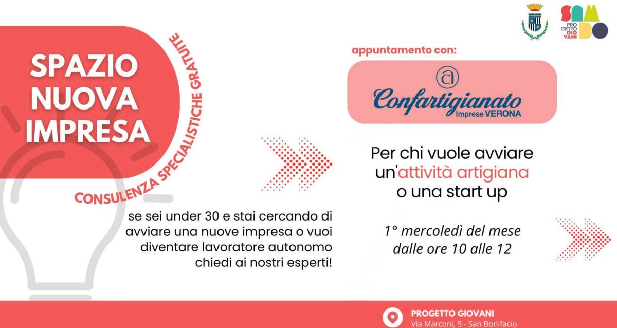 SAN BONIFACIO – Spazio Nuova Impresa: ogni 1° mercoledì del mese, consulenze Confartigianato per Under 30, su nuove imprese, start up e imprenditoria giovanile