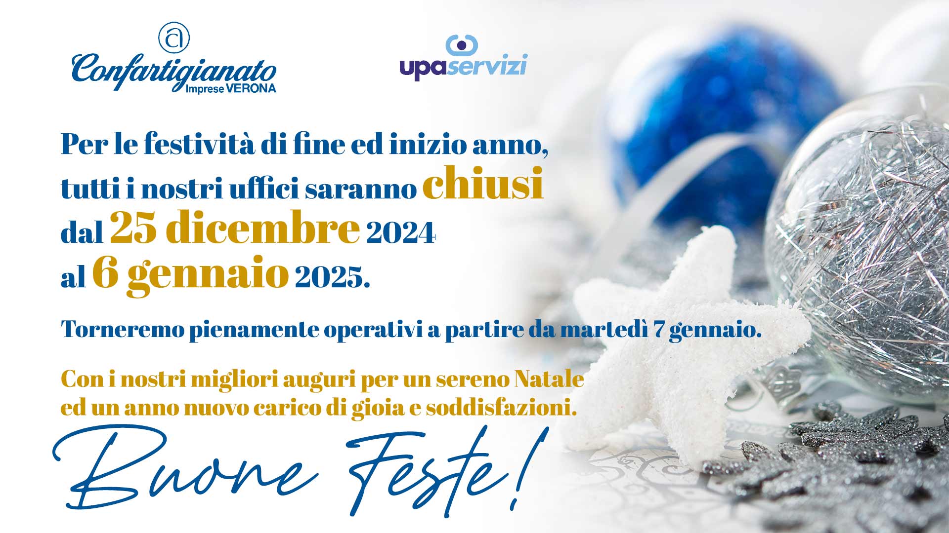 NATALE 2024 - Gli auguri di Confartigianato Imprese Verona. Uffici chiusi dal 25 dicembre 2024 al 6 gennaio 2025