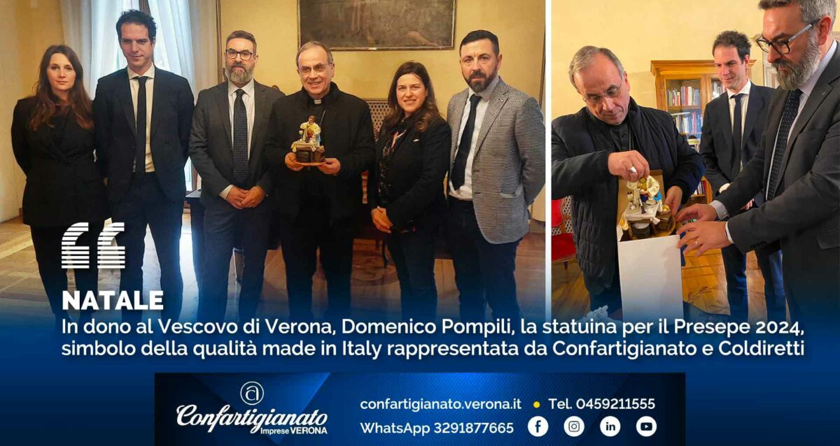 NATALE – In dono al Vescovo di Verona, Domenico Pompili, la statuina per il Presepe 2024, simbolo della qualità made in Italy rappresentata da Confartigianato e Coldiretti