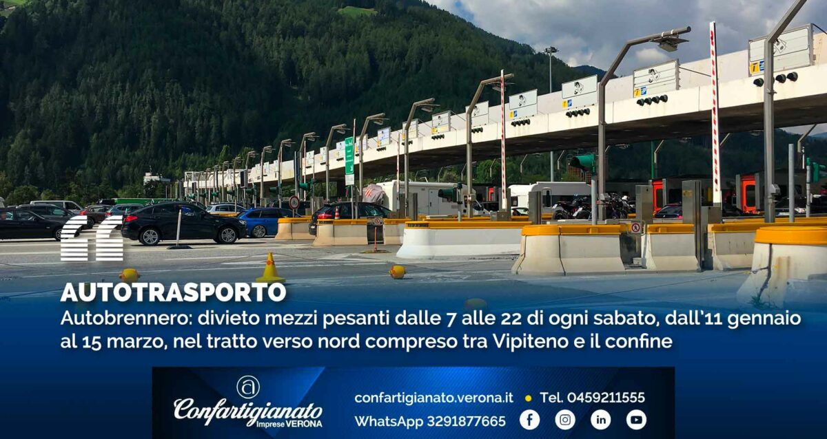 AUTOTRASPORTO – Autobrennero: divieto mezzi pesanti dalle 7 alle 22 di ogni sabato, dall’11 gennaio al 15 marzo, nel tratto verso nord compreso tra Vipiteno e il confine