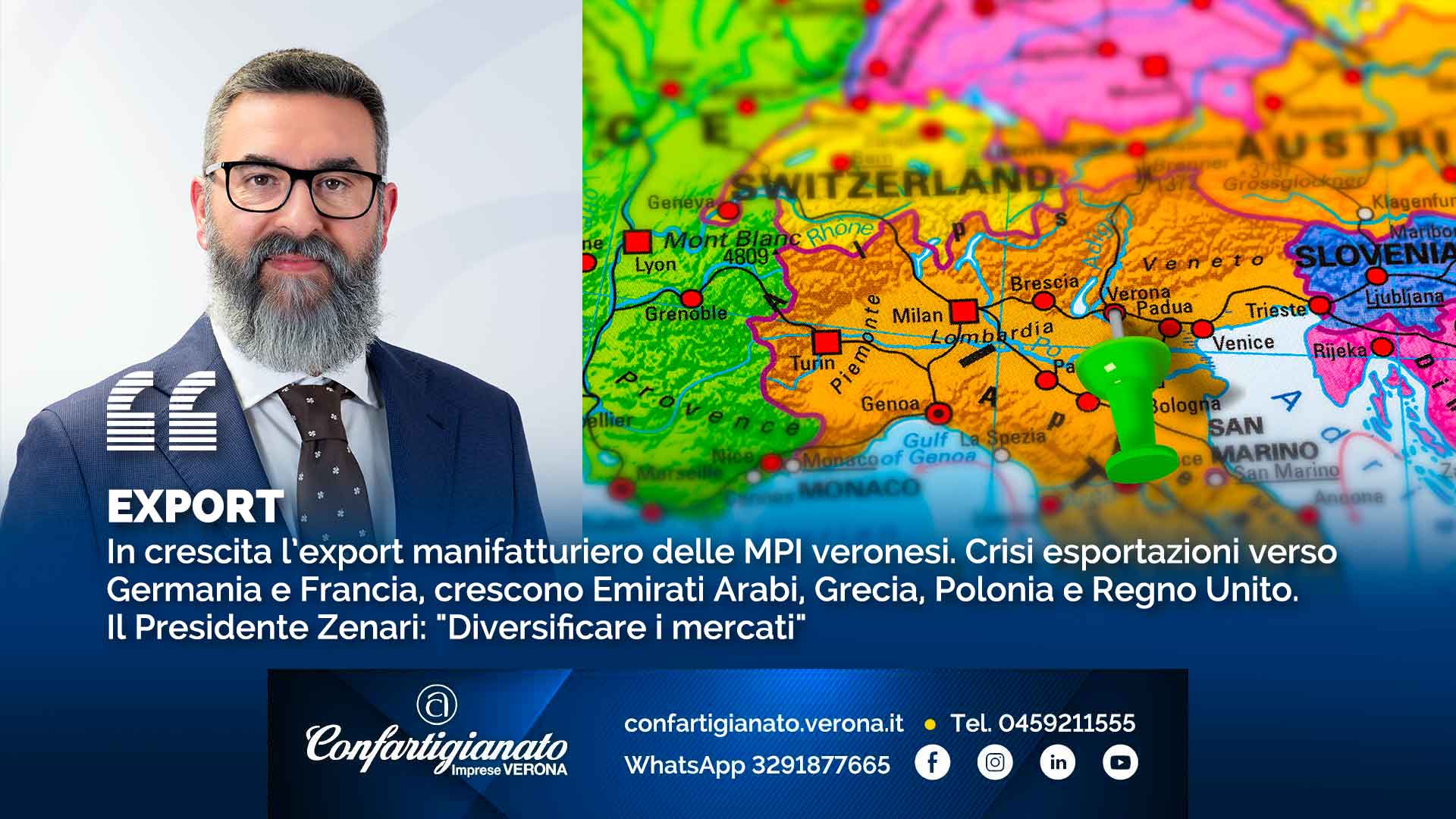 EXPORT – In crescita l’export manifatturiero delle MPI veronesi. Crisi esportazioni verso Germania e Francia, crescono Emirati Arabi, Gregia, Polonia e Regno Unito. Zenari: "Diversificare i mercati"