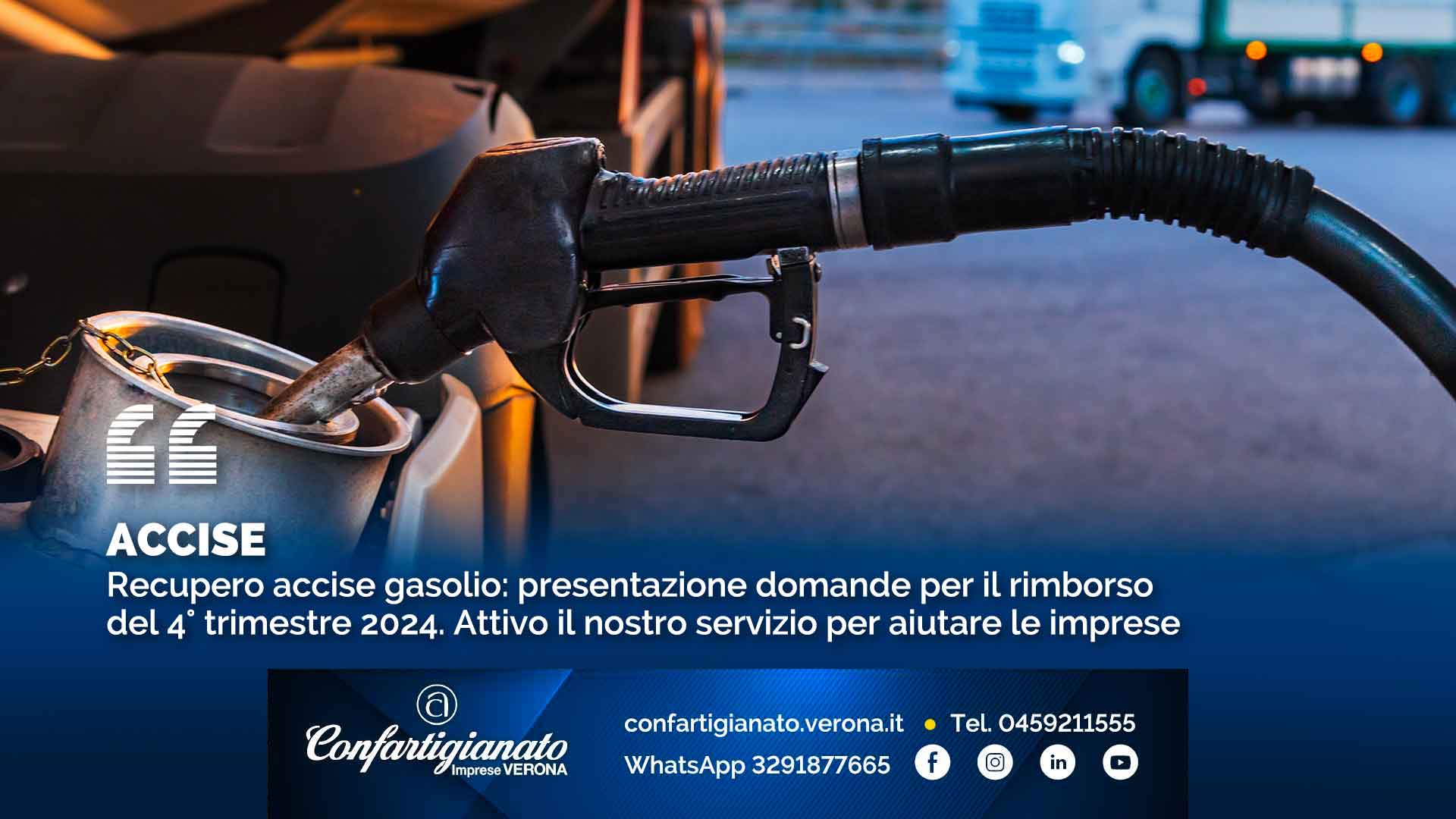 ACCISE – Recupero accise gasolio: presentazione domande per il rimborso del 4° trimestre 2024. Attivo il nostro servizio per aiutare le imprese