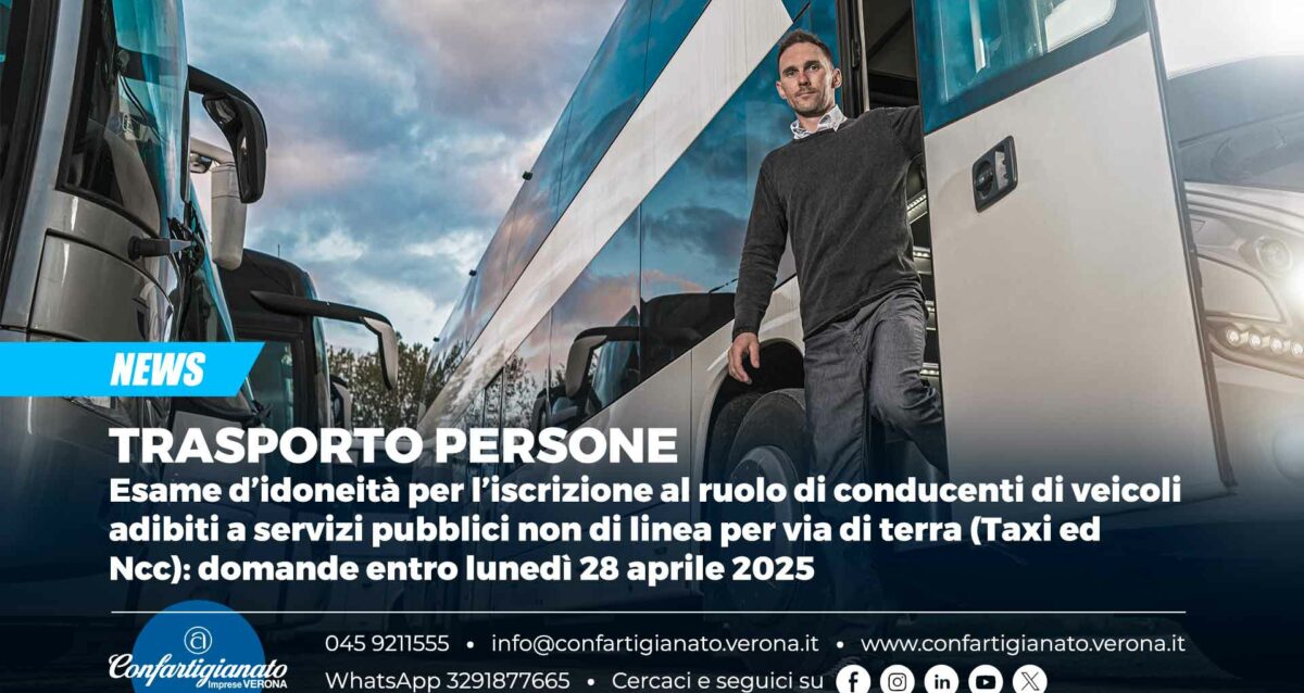 TRASPORTO PERSONE – Esame d’idoneità per l’iscrizione al ruolo di conducenti di veicoli adibiti a servizi pubblici non di linea per via di terra (Taxi ed Ncc): domande entro lunedì 28 aprile 2025