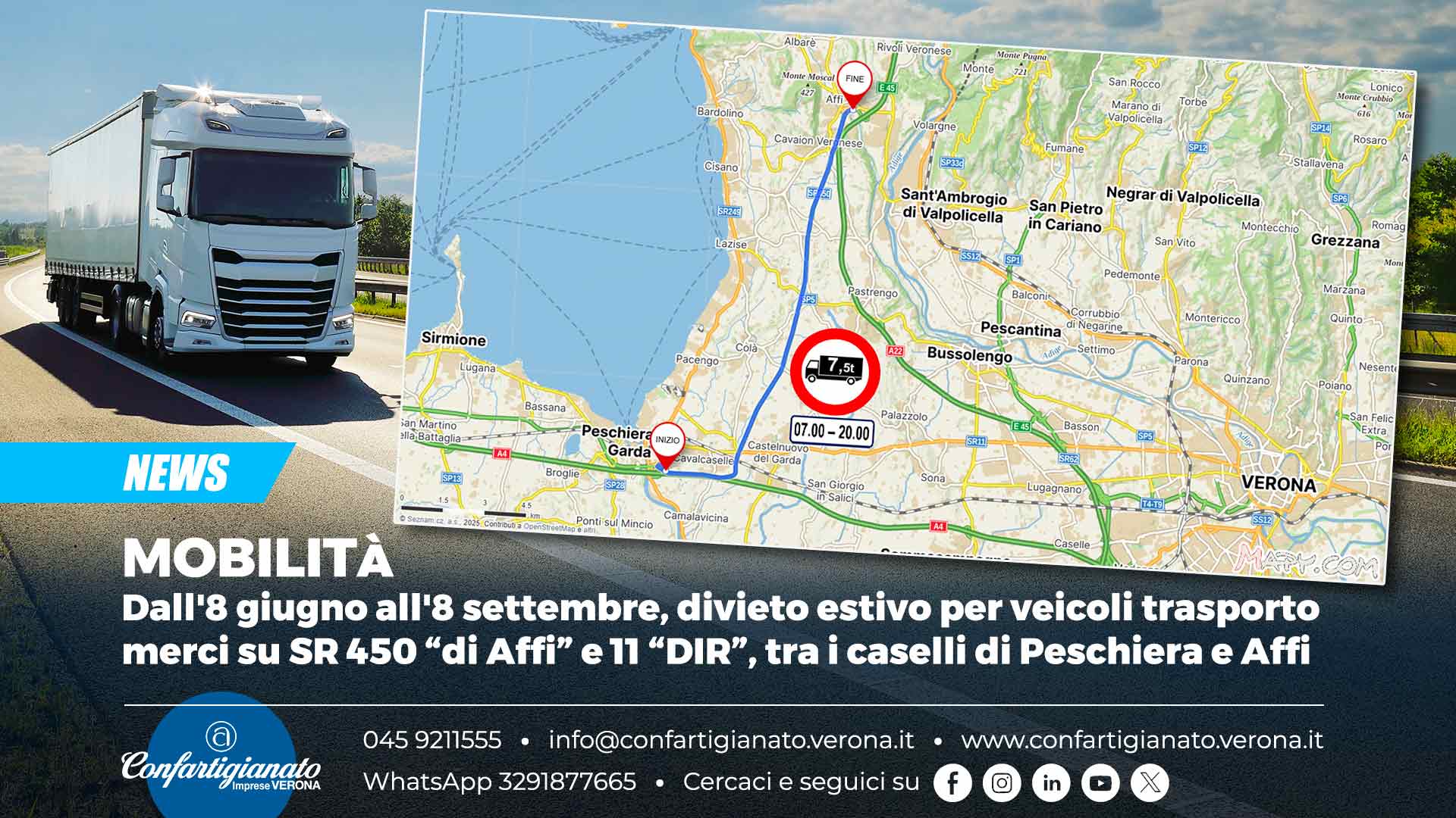 MOBILITA’ – Dall'8 giugno all'8 settembre, divieto estivo per veicoli trasporto merci su SR 450 “di Affi” e 11 “DIR”, tra i caselli di Peschiera e Affi