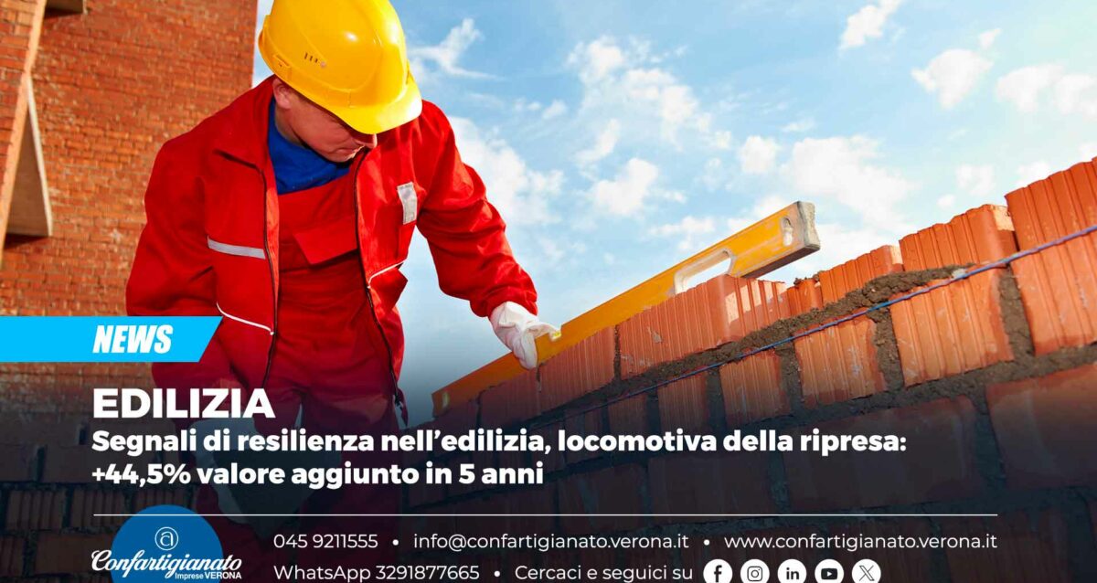 EDILIZIA – Segnali di resilienza nell’edilizia, locomotiva della ripresa: +44,5% valore aggiunto in 5 anni