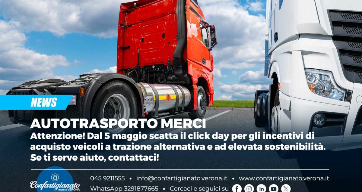 AUTOTRASPORTO MERCI – Attenzione! Dal 5 maggio scatta il click day per gli incentivi di acquisto veicoli a trazione alternativa e ad elevata sostenibilità. Se ti serve aiuto, contattaci!