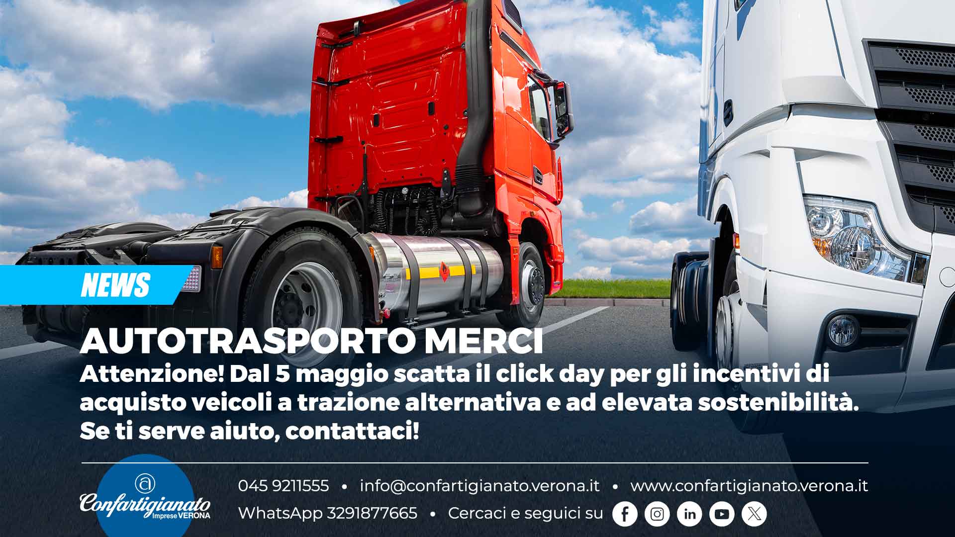 AUTOTRASPORTO MERCI – Attenzione! Dal 5 maggio scatta il click day per gli incentivi di acquisto veicoli a trazione alternativa e ad elevata sostenibilità. Se ti serve aiuto, contattaci!