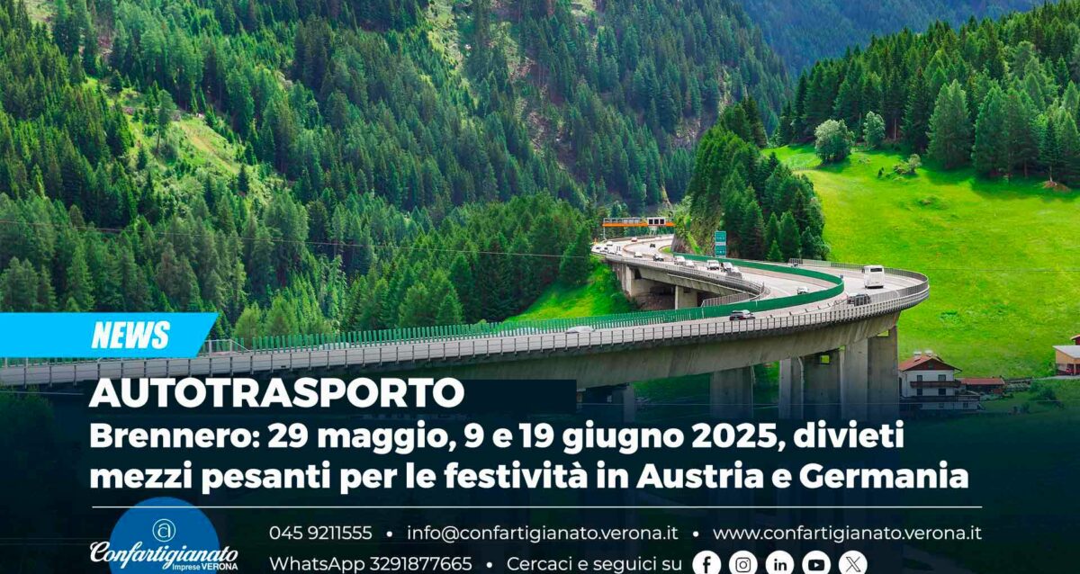 AUTOTRASPORTO – Brennero: 29 maggio, 9 e 19 giugno 2025, divieti mezzi pesanti per le festività in Austria e Germania
