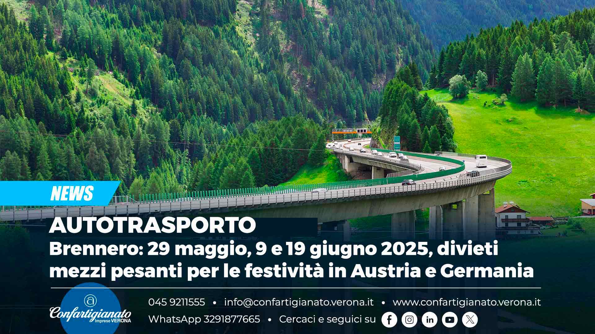AUTOTRASPORTO – Brennero: 29 maggio, 9 e 19 giugno 2025, divieti mezzi pesanti per le festività in Austria e Germania