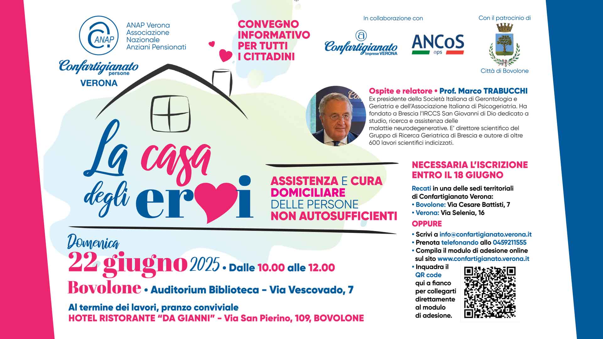 ANAP – "La Casa degli Eroi", a Bovolone, convegno su assistenza e cura domiciliare di persone non autosufficienti, con il Prof. Trabucchi. Al termine, pranzo sociale