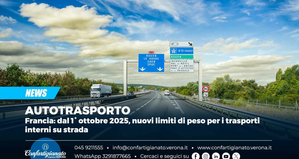 AUTOTRASPORTO – Francia: dal 1° ottobre 2025, nuovi limiti di peso per i trasporti interni su strada