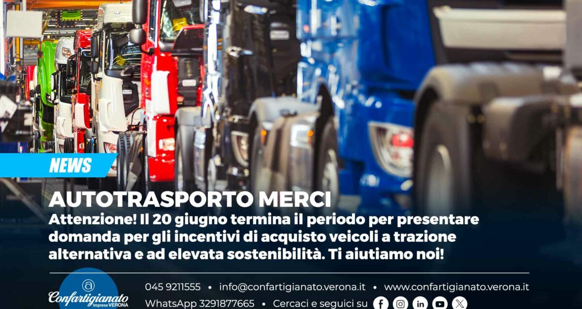 AUTOTRASPORTO MERCI – Attenzione! Il 20 giugno termina il periodo per presentare domanda per gli incentivi di acquisto veicoli a trazione alternativa e ad elevata sostenibilità. Se ti serve aiuto, contattaci!