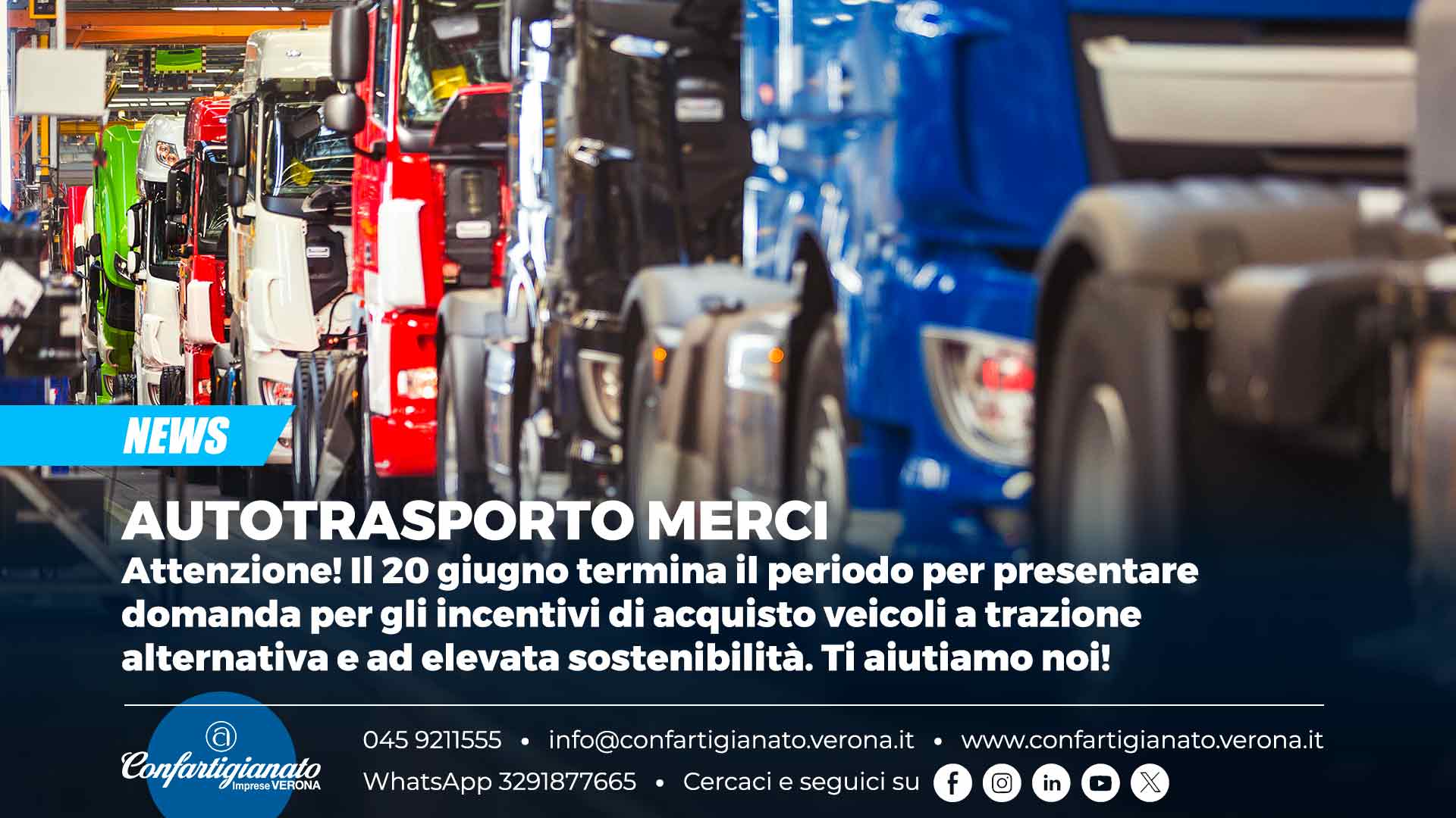 AUTOTRASPORTO MERCI – Attenzione! Il 20 giugno termina il periodo per presentare domanda per gli incentivi di acquisto veicoli a trazione alternativa e ad elevata sostenibilità. Se ti serve aiuto, contattaci!