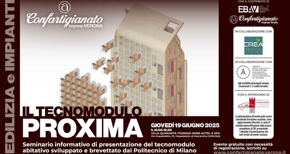 EDILIZIA e IMPIANTI – Seminario di presentazione del Tecnomodulo abitativo PROXIMA: giovedì 19 giugno a Villa Quaranta, invitati imprenditori, ingegneri ed architetti. Iscriviti per partecipare