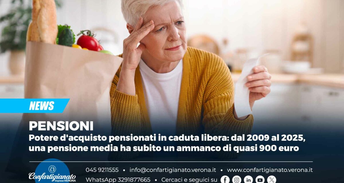 PENSIONI – Potere d'acquisto pensionati in caduta libera: dal 2009 al 2025, una pensione media ha subito un ammanco di quasi 900 euro