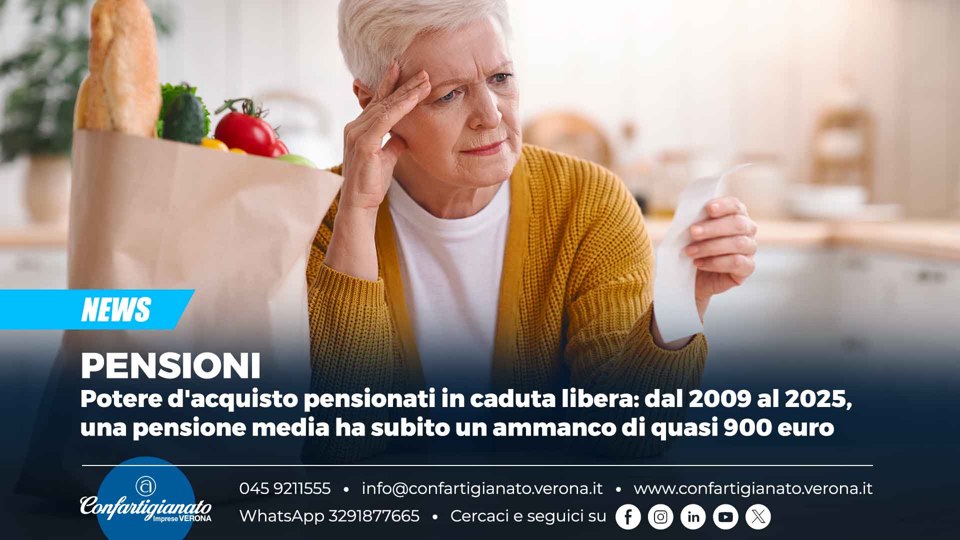 PENSIONI – Potere d'acquisto pensionati in caduta libera: dal 2009 al 2025, una pensione media ha subito un ammanco di quasi 900 euro