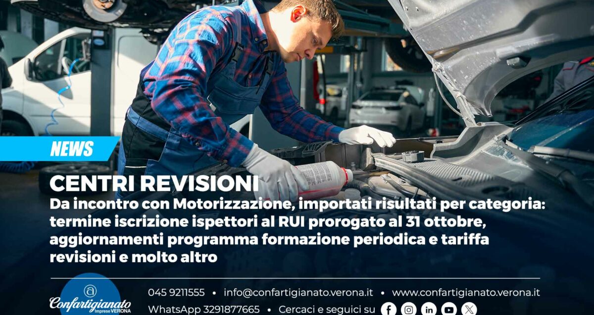 CENTRI REVISIONI – Da incontro con Motorizzazione, importati risultati per categoria: termine iscrizione ispettori al RUI prorogato al 31 ottobre, aggiornamenti programma formazione periodica e tariffa revisioni e molto altro