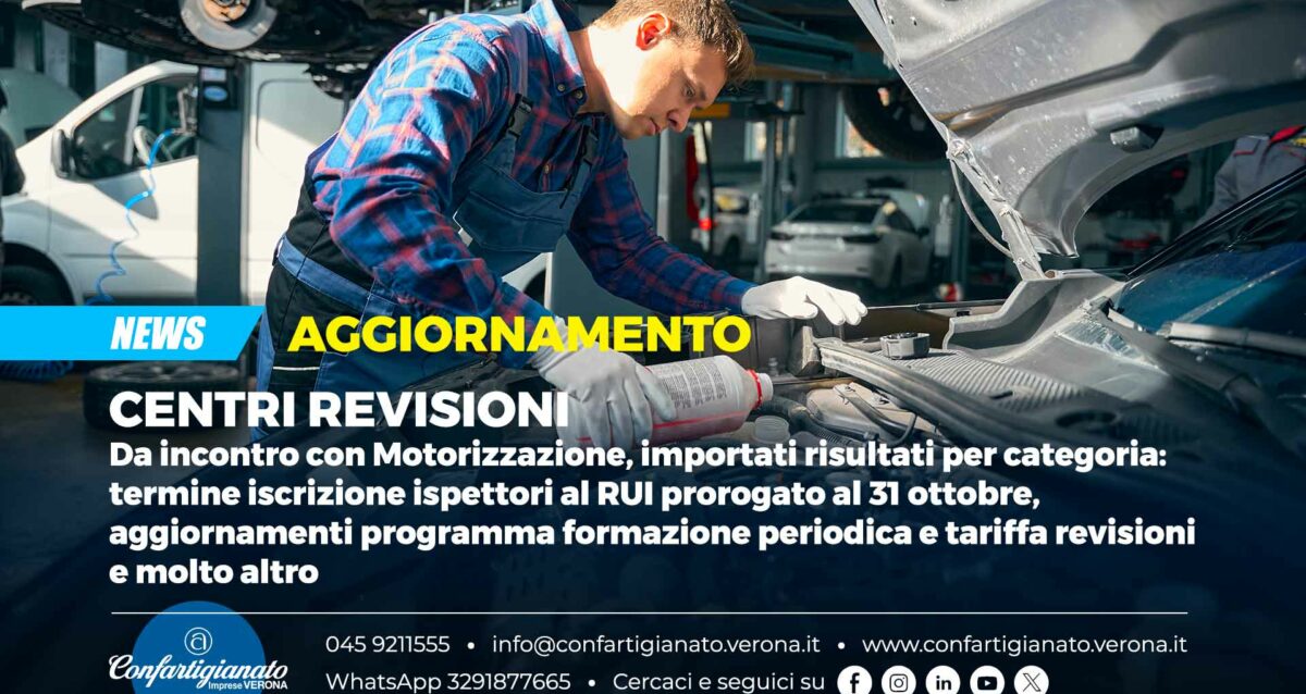 +++ AGGIORNAMENTO +++ CENTRI REVISIONI – Da incontro con Motorizzazione, importati risultati per categoria: termine iscrizione ispettori al RUI prorogato al 31 ottobre, aggiornamenti programma formazione periodica e tariffa revisioni e molto altro