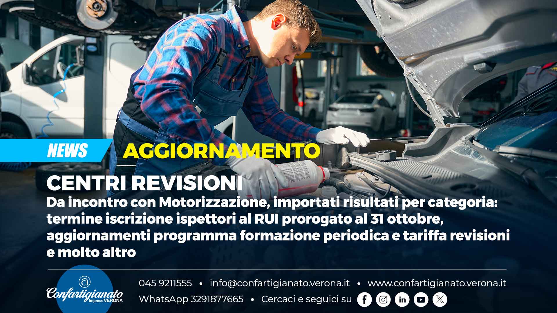 +++ AGGIORNAMENTO +++ CENTRI REVISIONI – Da incontro con Motorizzazione, importati risultati per categoria: termine iscrizione ispettori al RUI prorogato al 31 ottobre, aggiornamenti programma formazione periodica e tariffa revisioni e molto altro