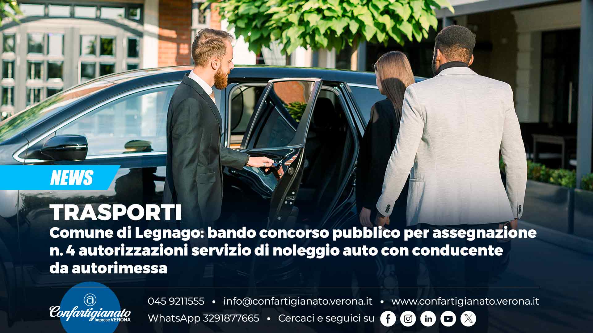 TRASPORTI – Comune di Legnago: bando concorso pubblico per assegnazione n. 4 autorizzazioni servizio di noleggio auto con conducente da autorimessa