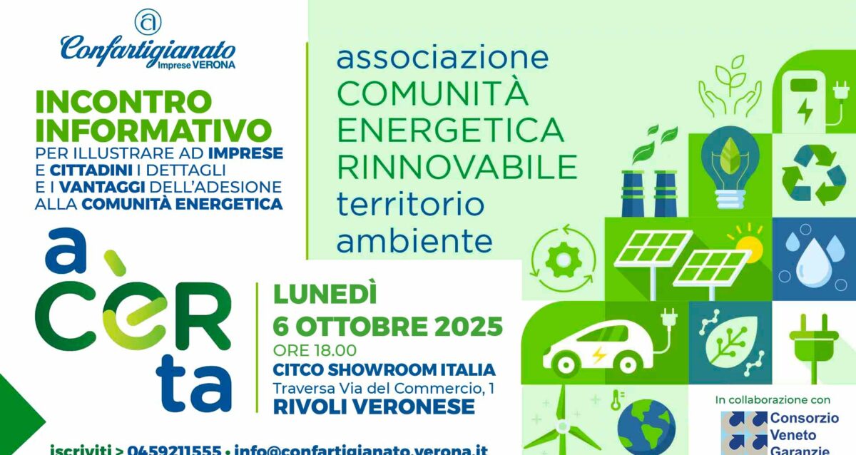 ENERGIA – I vantaggi di aderire alla Comunità Energetica A-CERTA: il 6 ottobre, incontro per imprese e cittadini alla Citco di Rivoli Veronese