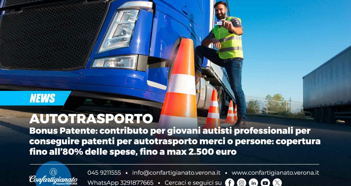 AUTOTRASPORTO – Contributo per giovani autisti professionali per conseguire patenti per autotrasporto merci o persone: copertura fino all’80% delle spese, fino a max 2.500 euro