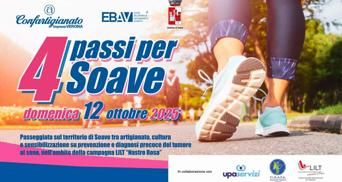 VERONA EST – 4 Passi per Soave: domenica 12 ottobre, passeggiata tra artigianato, cultura e sensibilizzazione su prevenzione del tumore al seno. Iscriviti per partecipare