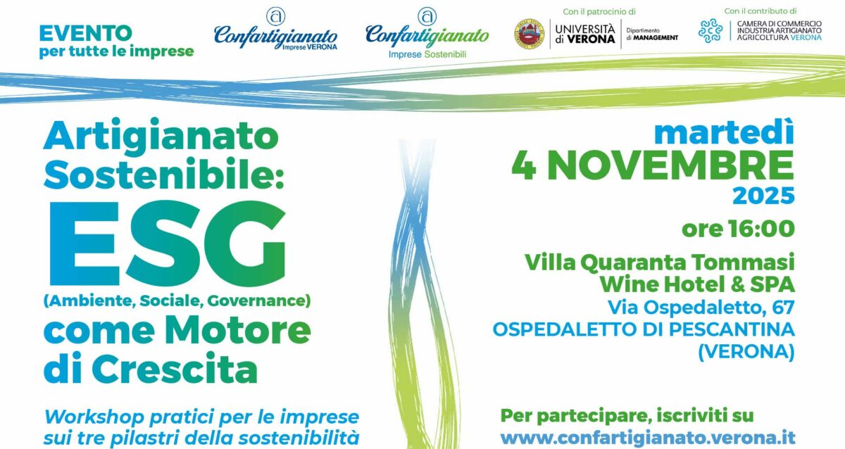 EVENTO – Artigianato Sostenibile: ESG come Motore di Crescita. Il 4 novembre, a Villa Quaranta, workshop per imprese artigiane sui pilastri della sostenibilità. Iscriviti